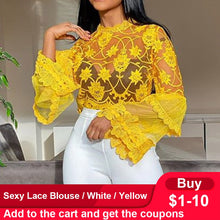 Load image into Gallery viewer, Sexy mesh yellow blouse See-Through flare sleeve african party club top shirts 2020 summer slim women pullover blouse shirts top
