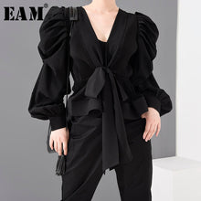 Load image into Gallery viewer, [EAM] Women Black Pleated Bandage Blouse New V-collar Long Sleeve Loose Fit Shirt Fashion Tide Spring Summer 2020 1T92101S
